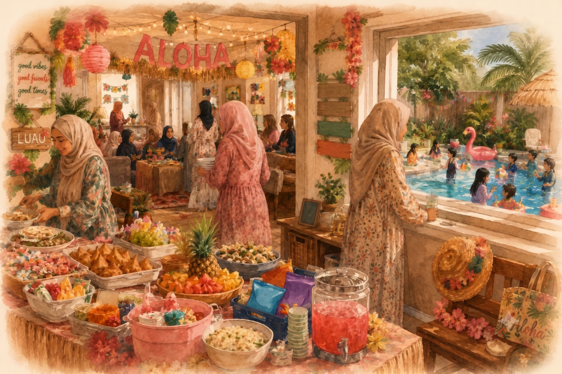 A vibrant watercolor illustration of a festive all-women's Muslim pool gathering. In the foreground, a large buffet table is filled with samosas, fresh fruit, popcorn, and drinks. Women wearing beautiful, colorful hijabs chat inside a decorated living room, while one mother looks out a large window to watch children happily swimming in a backyard pool with a pink flamingo float.