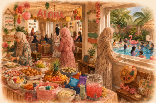 A vibrant watercolor illustration of a festive all-women's Muslim pool gathering. In the foreground, a large buffet table is filled with samosas, fresh fruit, popcorn, and drinks. Women wearing beautiful, colorful hijabs chat inside a decorated living room, while one mother looks out a large window to watch children happily swimming in a backyard pool with a pink flamingo float.