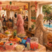 A vibrant watercolor illustration of a festive all-women's Muslim pool gathering. In the foreground, a large buffet table is filled with samosas, fresh fruit, popcorn, and drinks. Women wearing beautiful, colorful hijabs chat inside a decorated living room, while one mother looks out a large window to watch children happily swimming in a backyard pool with a pink flamingo float.