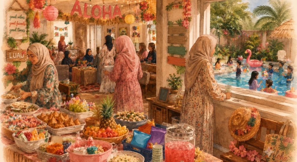A vibrant watercolor illustration of a festive all-women's Muslim pool gathering. In the foreground, a large buffet table is filled with samosas, fresh fruit, popcorn, and drinks. Women wearing beautiful, colorful hijabs chat inside a decorated living room, while one mother looks out a large window to watch children happily swimming in a backyard pool with a pink flamingo float.