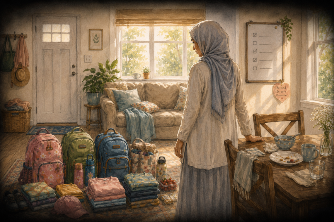 Watercolor illustration of a mother standing beside packed bags, folded clothes, and an unfinished breakfast table in a sunlit home, reflecting on invisible care, preparation, and a family outing that never happened.