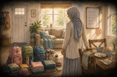 Watercolor illustration of a mother standing beside packed bags, folded clothes, and an unfinished breakfast table in a sunlit home, reflecting on invisible care, preparation, and a family outing that never happened.