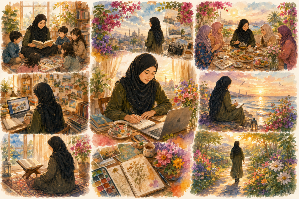 A vibrant watercolor collage portraying a Muslim woman in a black hijab through the many seasons of her life. The central scene shows her writing at a sunlit desk surrounded by books, a journal, and a laptop, while surrounding vignettes depict reading with children, studying the Qur'an, reflecting by the sea, hosting friends for tea, preserving travel memories, and walking through a colorful garden. Bright flowers, blooming vines, golden sunlight, blue skies, and richly painted landscapes weave throughout the composition, symbolizing faith, motherhood, creativity, community, lifelong learning, and a life rooted in gratitude and beauty.
