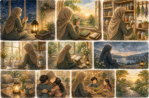 A warm watercolor collage depicting a Muslim woman through seasons of faith and gratitude. She is shown making du'a at night, reflecting by a sunlit window with the Qur'an nearby, organizing a well-stocked pantry, reading the Qur'an during a quiet afternoon, embracing her children, sharing a peaceful family meal, and sitting in contemplation during the rain. Additional vignettes feature a glowing lantern, a cup of tea, and a tranquil garden path at sunrise. Soft earth tones, gentle light, and cozy home interiors evoke themes of answered prayers, everyday blessings, remembrance of Allah, and finding beauty in ordinary moments.