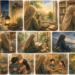 A warm watercolor collage depicting a Muslim woman through seasons of faith and gratitude. She is shown making du'a at night, reflecting by a sunlit window with the Qur'an nearby, organizing a well-stocked pantry, reading the Qur'an during a quiet afternoon, embracing her children, sharing a peaceful family meal, and sitting in contemplation during the rain. Additional vignettes feature a glowing lantern, a cup of tea, and a tranquil garden path at sunrise. Soft earth tones, gentle light, and cozy home interiors evoke themes of answered prayers, everyday blessings, remembrance of Allah, and finding beauty in ordinary moments.