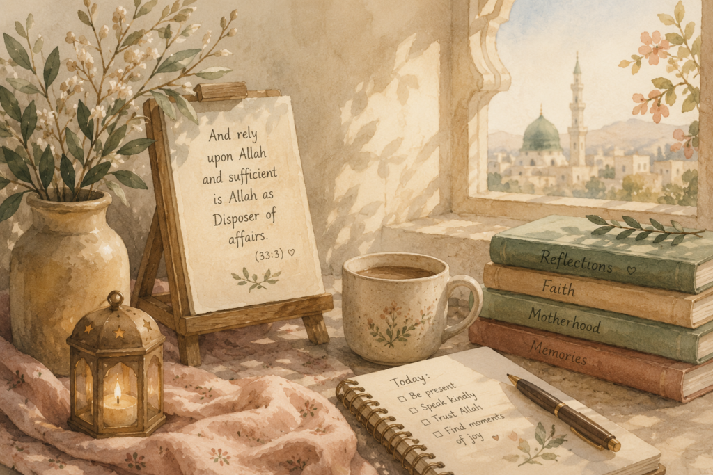 Watercolor illustration of a cozy reading corner with books, a lantern, coffee, olive branches, and a window overlooking a distant mosque.