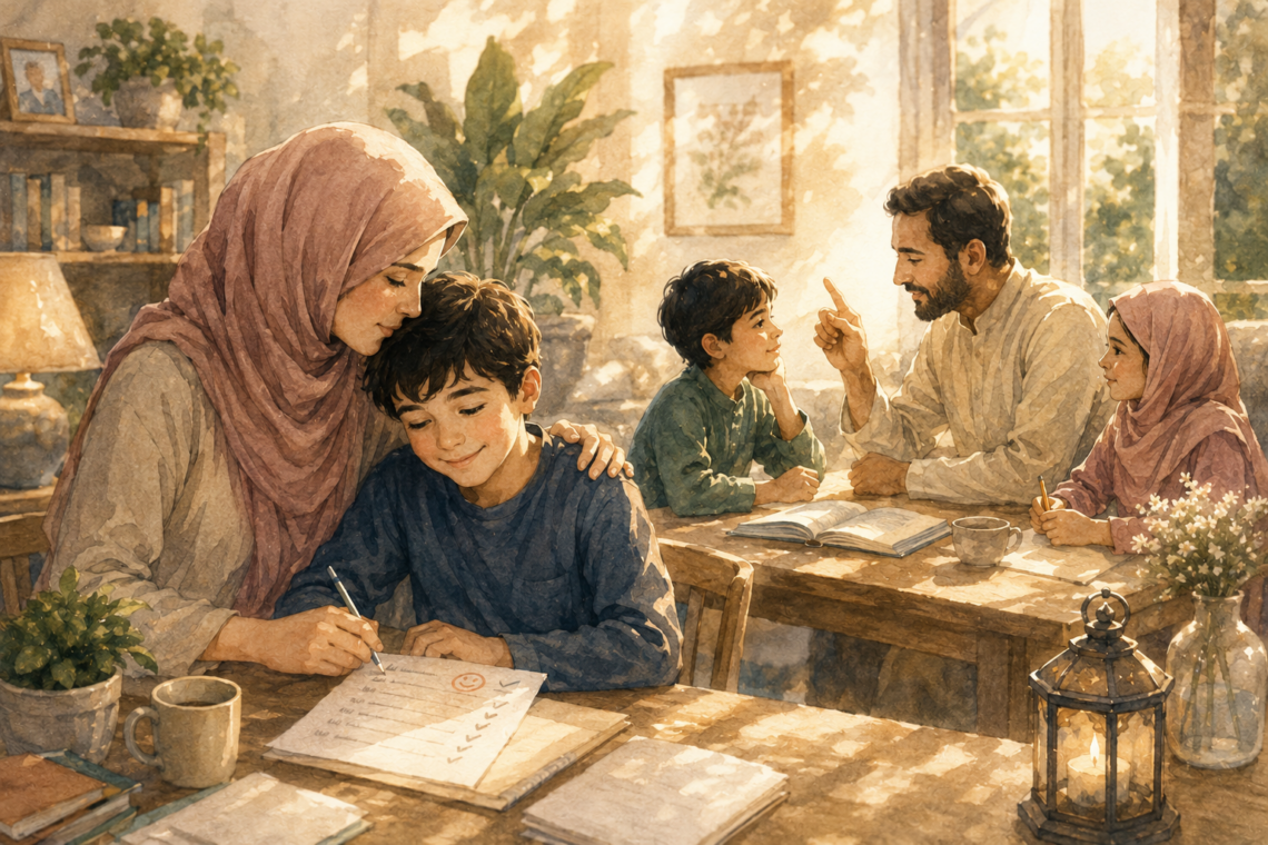 A warm watercolor illustration of a family practicing appreciation and gentle guidance at home. In the foreground, a Muslim mother embraces her smiling son as he completes his schoolwork, celebrating his effort with quiet affection. In the background, a father offers calm instruction to another child while a young girl listens nearby. Golden afternoon sunlight fills the cozy room, where books, plants, a lantern, and cups of tea create a peaceful atmosphere. The scene reflects encouragement, mercy, family connection, and the balance between recognizing effort and offering loving correction.