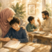 A warm watercolor illustration of a family practicing appreciation and gentle guidance at home. In the foreground, a Muslim mother embraces her smiling son as he completes his schoolwork, celebrating his effort with quiet affection. In the background, a father offers calm instruction to another child while a young girl listens nearby. Golden afternoon sunlight fills the cozy room, where books, plants, a lantern, and cups of tea create a peaceful atmosphere. The scene reflects encouragement, mercy, family connection, and the balance between recognizing effort and offering loving correction.