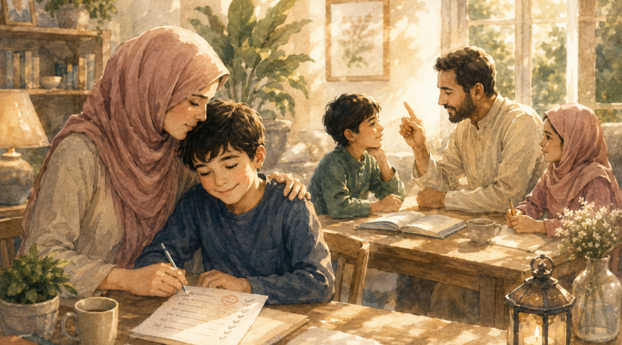A warm watercolor illustration of a family practicing appreciation and gentle guidance at home. In the foreground, a Muslim mother embraces her smiling son as he completes his schoolwork, celebrating his effort with quiet affection. In the background, a father offers calm instruction to another child while a young girl listens nearby. Golden afternoon sunlight fills the cozy room, where books, plants, a lantern, and cups of tea create a peaceful atmosphere. The scene reflects encouragement, mercy, family connection, and the balance between recognizing effort and offering loving correction.