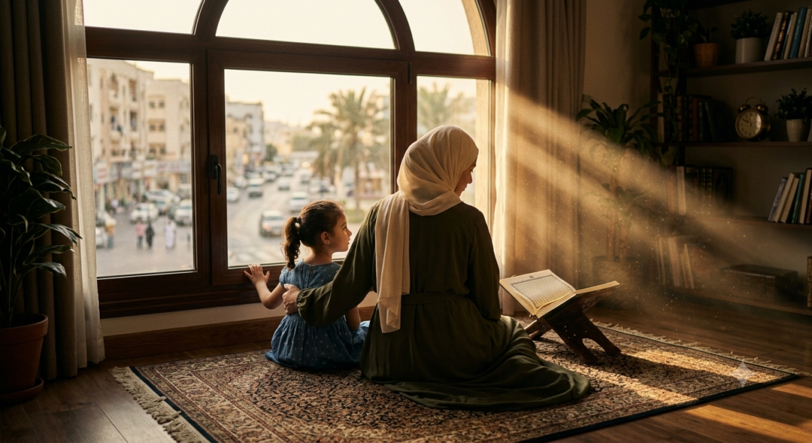 A warm, sunlit illustration of a Muslim mother and young daughter sitting together on a prayer rug beside an open Qur'an, looking out through a large window toward a busy city street. Golden afternoon light streams into the room, illuminating bookshelves and creating a peaceful atmosphere that symbolizes faith, reflection, and raising children with guidance rooted in the Qur'an rather than the changing values of the surrounding world.
