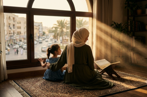A warm, sunlit illustration of a Muslim mother and young daughter sitting together on a prayer rug beside an open Qur'an, looking out through a large window toward a busy city street. Golden afternoon light streams into the room, illuminating bookshelves and creating a peaceful atmosphere that symbolizes faith, reflection, and raising children with guidance rooted in the Qur'an rather than the changing values of the surrounding world.