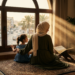 A warm, sunlit illustration of a Muslim mother and young daughter sitting together on a prayer rug beside an open Qur'an, looking out through a large window toward a busy city street. Golden afternoon light streams into the room, illuminating bookshelves and creating a peaceful atmosphere that symbolizes faith, reflection, and raising children with guidance rooted in the Qur'an rather than the changing values of the surrounding world.