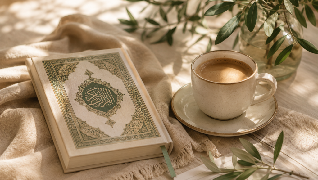 A serene morning setting featuring an ornate, cream-colored Holy Quran with intricate green Arabic calligraphy. It rests on a soft, textured beige linen scarf next to a ceramic cup of frothy coffee, a notebook with a pen, and fresh green olive branches casting gentle shadows.