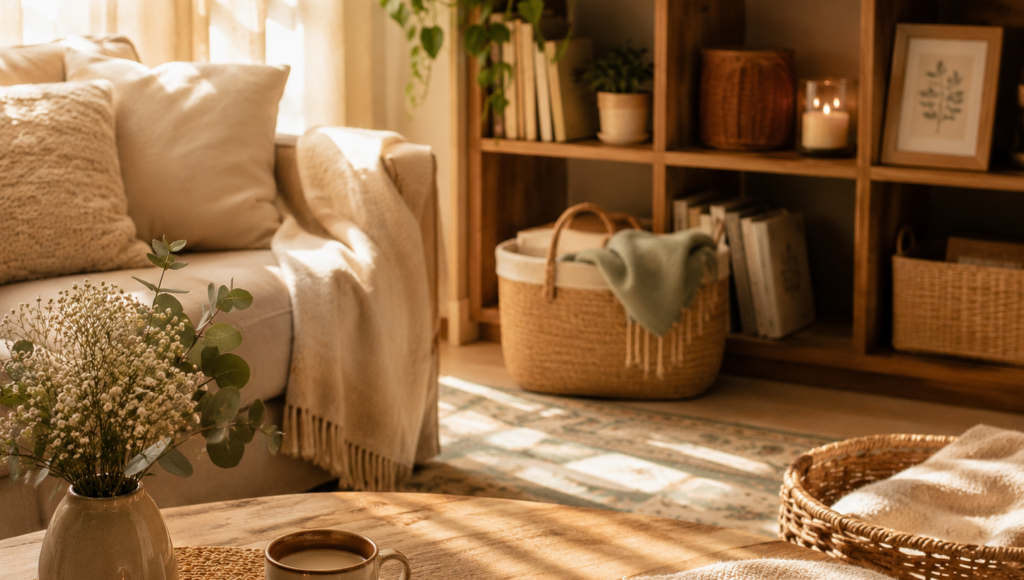 A warm, cozy living room in soft morning sunlight featuring a wooden coffee table with a warm drink, a lit candle, and a vase of flowers, with a sofa and wooden bookshelf in the background.