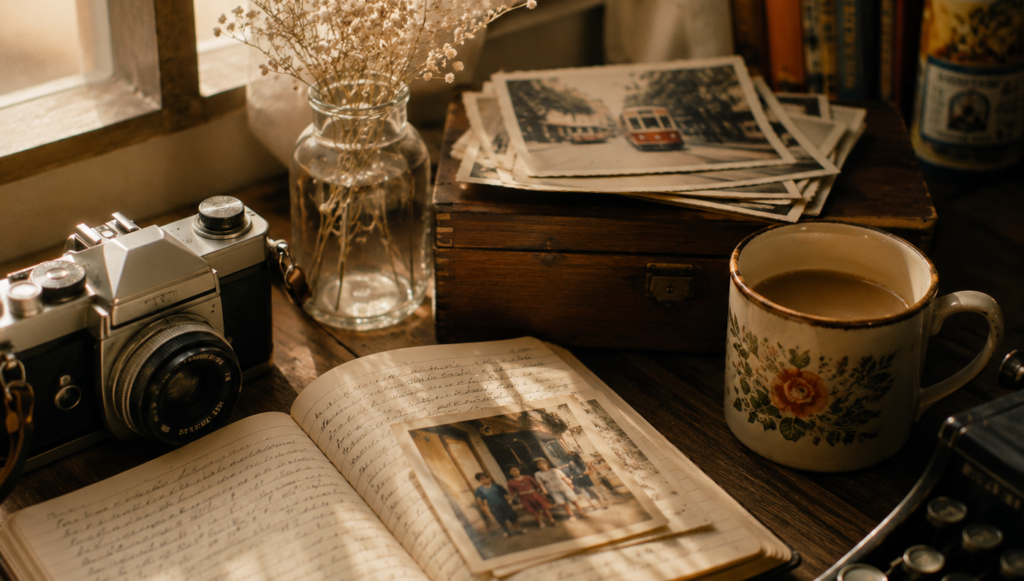 A nostalgic wooden desk scene featuring an open handwritten journal with an old vintage photograph, a classic film camera, a floral mug of coffee, and a stack of old photos on a wooden box by a sunlit window.