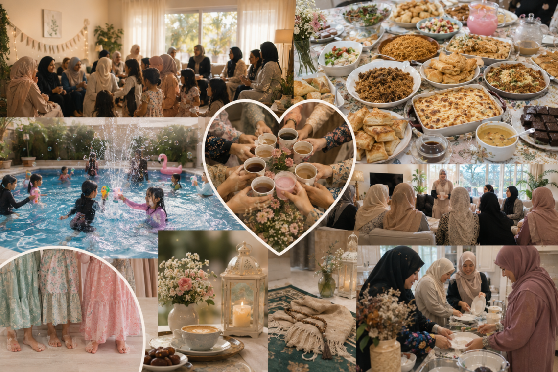 A warm, sunlit collage celebrating Muslim sisterhood and community. Women gather in a cozy home, chatting over tea while children play together in a backyard pool with bubble toys. A generous potluck table overflows with homemade dishes from different cultures, alongside desserts, coffee, and refreshing drinks. Other scenes show sisters sharing a reminder, helping clean up together, girls in pretty dresses, and quiet details such as a prayer mat, lantern, fresh flowers, and cups of coffee. Soft, natural tones and candid moments convey hospitality, friendship, gratitude, and the joy of opening one's home for the sake of Allah.