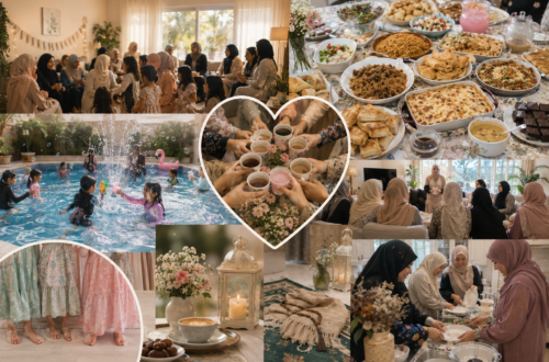 A warm, sunlit collage celebrating Muslim sisterhood and community. Women gather in a cozy home, chatting over tea while children play together in a backyard pool with bubble toys. A generous potluck table overflows with homemade dishes from different cultures, alongside desserts, coffee, and refreshing drinks. Other scenes show sisters sharing a reminder, helping clean up together, girls in pretty dresses, and quiet details such as a prayer mat, lantern, fresh flowers, and cups of coffee. Soft, natural tones and candid moments convey hospitality, friendship, gratitude, and the joy of opening one's home for the sake of Allah.