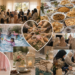 A warm, sunlit collage celebrating Muslim sisterhood and community. Women gather in a cozy home, chatting over tea while children play together in a backyard pool with bubble toys. A generous potluck table overflows with homemade dishes from different cultures, alongside desserts, coffee, and refreshing drinks. Other scenes show sisters sharing a reminder, helping clean up together, girls in pretty dresses, and quiet details such as a prayer mat, lantern, fresh flowers, and cups of coffee. Soft, natural tones and candid moments convey hospitality, friendship, gratitude, and the joy of opening one's home for the sake of Allah.