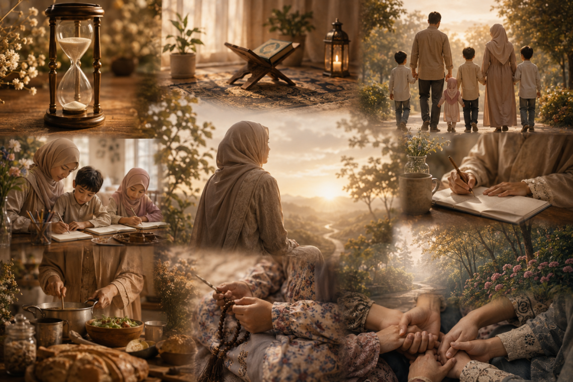 A warm watercolor collage inspired by Surah Al-'Asr, featuring peaceful scenes of Islamic family life and spiritual reflection. A Muslim woman contemplates a sunrise, studies the Qur'an, journals, cooks for her family, teaches her children, makes dhikr with prayer beads, and walks alongside loved ones on a garden path. An hourglass symbolizes the passing of time, while soft golden light and tranquil landscapes evoke faith, righteous deeds, patience, and the quiet beauty of everyday worship.