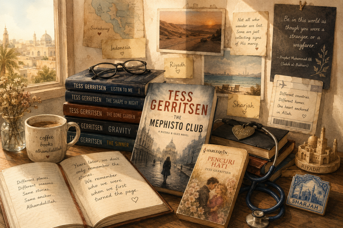A warm, vintage-inspired still life celebrating a lifelong love of books and reading. A cozy wooden desk holds a stack of thriller novels, an Indonesian edition of an early romance novel, an open journal, a steaming cup of coffee, and a stethoscope symbolizing medicine. Around them are travel mementos, postcards, maps, and keepsakes representing Indonesia, the United States, Riyadh, and Sharjah. Soft golden light streams through a window, creating a nostalgic atmosphere that evokes the seasons of life, memorable books, personal growth, and the enduring companionship of stories.