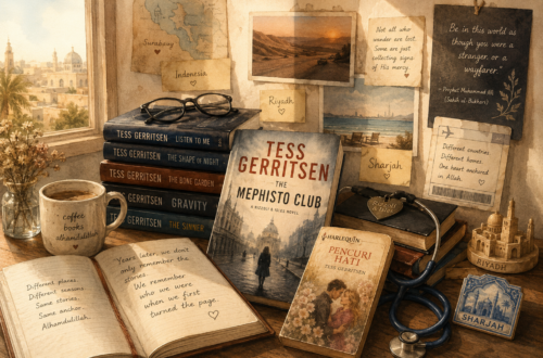 A warm, vintage-inspired still life celebrating a lifelong love of books and reading. A cozy wooden desk holds a stack of thriller novels, an Indonesian edition of an early romance novel, an open journal, a steaming cup of coffee, and a stethoscope symbolizing medicine. Around them are travel mementos, postcards, maps, and keepsakes representing Indonesia, the United States, Riyadh, and Sharjah. Soft golden light streams through a window, creating a nostalgic atmosphere that evokes the seasons of life, memorable books, personal growth, and the enduring companionship of stories.