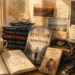 A warm, vintage-inspired still life celebrating a lifelong love of books and reading. A cozy wooden desk holds a stack of thriller novels, an Indonesian edition of an early romance novel, an open journal, a steaming cup of coffee, and a stethoscope symbolizing medicine. Around them are travel mementos, postcards, maps, and keepsakes representing Indonesia, the United States, Riyadh, and Sharjah. Soft golden light streams through a window, creating a nostalgic atmosphere that evokes the seasons of life, memorable books, personal growth, and the enduring companionship of stories.