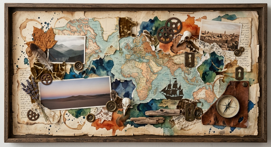 A vintage mixed-media collage centered around an antique world map, layered with torn papers, watercolor washes, old photographs of misty mountains and golden desert dunes, a brass compass, an old sailing ship, weathered keys and keyholes, gears, feathers, driftwood, pressed leaves, lace, and handwritten notes. The composition evokes themes of travel, memory, faith, belonging, and finding spiritual direction while journeying through a changing world.