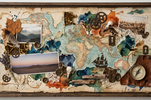 A vintage mixed-media collage centered around an antique world map, layered with torn papers, watercolor washes, old photographs of misty mountains and golden desert dunes, a brass compass, an old sailing ship, weathered keys and keyholes, gears, feathers, driftwood, pressed leaves, lace, and handwritten notes. The composition evokes themes of travel, memory, faith, belonging, and finding spiritual direction while journeying through a changing world.