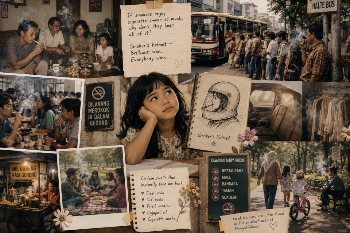 A nostalgic watercolor collage inspired by growing up in Indonesia during the 1980s and 1990s. Vintage-style vignettes depict family gatherings, a busy bus stop, university students, roadside food stalls, and everyday public spaces where cigarette smoke was common. At the center, a thoughtful young girl imagines a whimsical smoker's helmet, while other scenes contrast smoky environments with modern smoke-free spaces and families enjoying fresh air in a park. Warm sepia tones and soft textures evoke childhood memories, changing social norms, and the importance of consideration for others in shared spaces.