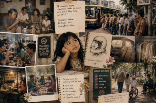 A nostalgic watercolor collage inspired by growing up in Indonesia during the 1980s and 1990s. Vintage-style vignettes depict family gatherings, a busy bus stop, university students, roadside food stalls, and everyday public spaces where cigarette smoke was common. At the center, a thoughtful young girl imagines a whimsical smoker's helmet, while other scenes contrast smoky environments with modern smoke-free spaces and families enjoying fresh air in a park. Warm sepia tones and soft textures evoke childhood memories, changing social norms, and the importance of consideration for others in shared spaces.