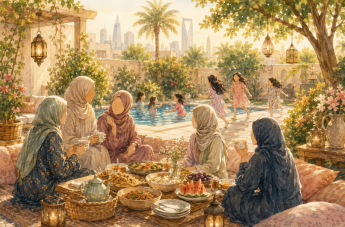 A warm watercolor illustration of a relaxed outdoor gathering inspired by Riyadh's istiraha culture. Several Muslim women in modest clothing sit together on floor cushions around a low table filled with homemade dishes, tea, fruit, and shared meals while enjoying conversation. In the background, children happily play and swim in a garden pool surrounded by palm trees, flowering plants, and soft evening light. Lanterns, lush greenery, and a peaceful courtyard create a welcoming atmosphere that evokes hospitality, friendship, shared motherhood, and the unhurried rhythm of community life.