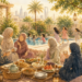 A warm watercolor illustration of a relaxed outdoor gathering inspired by Riyadh's istiraha culture. Several Muslim women in modest clothing sit together on floor cushions around a low table filled with homemade dishes, tea, fruit, and shared meals while enjoying conversation. In the background, children happily play and swim in a garden pool surrounded by palm trees, flowering plants, and soft evening light. Lanterns, lush greenery, and a peaceful courtyard create a welcoming atmosphere that evokes hospitality, friendship, shared motherhood, and the unhurried rhythm of community life.